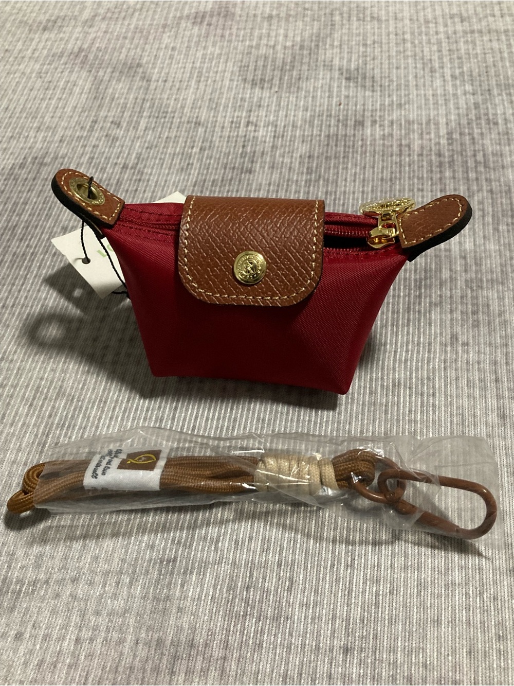 Longchamp Le Pliage Red Nylon Coin Pouch with Brown Leather Trim